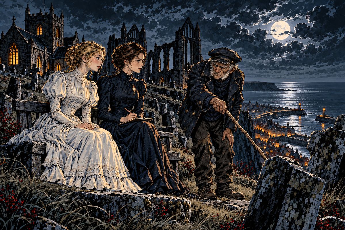 In July Mina joined Lucy at Whitby. Their favourite seat was in the East Cliff churchyard below the ruined abbey, where old Mr Swales, nearly a hundred, scoffed that half the graves were empty: 'Lies all of them, nothin' but lies!'