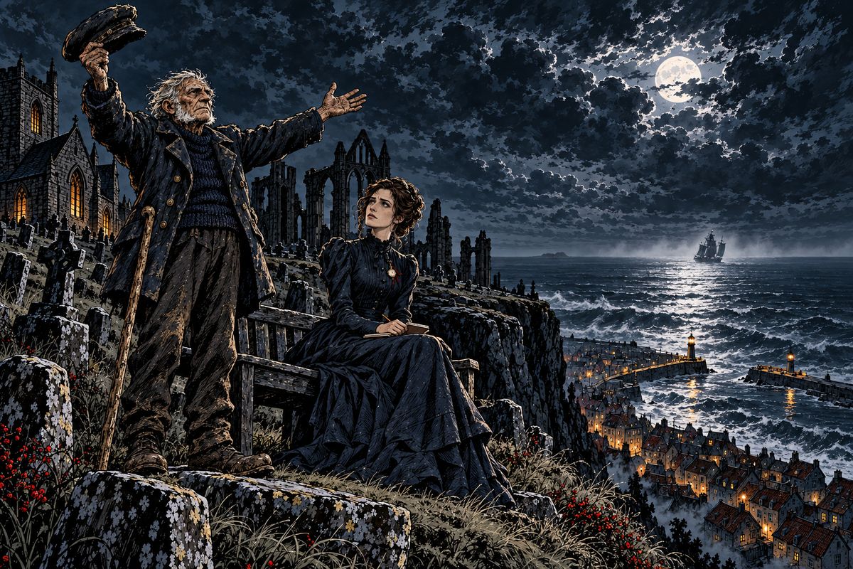 On a grey August day Mr Swales told Mina gently that he felt death coming: 'It's in the air; I feel it comin'.' Afterwards the coastguard pointed out a Russian ship drifting strangely offshore, as if no hand was on her wheel.