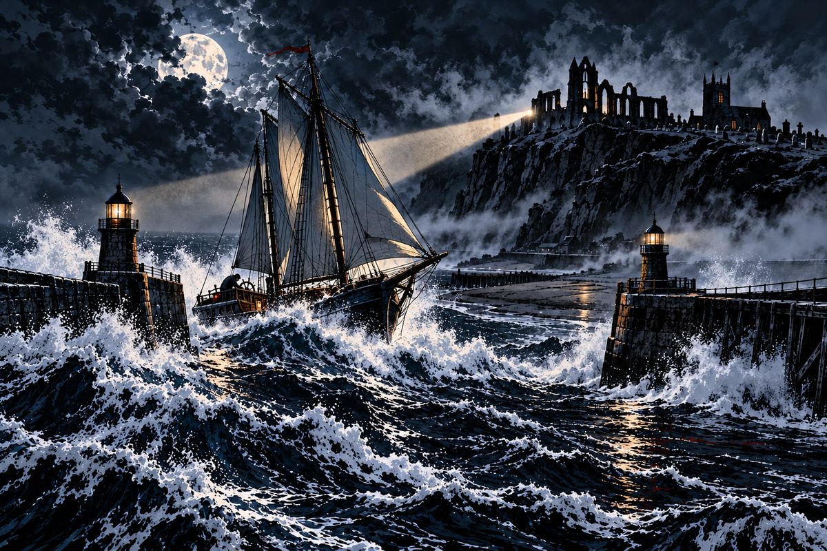 Out of a dead calm broke one of the suddenest storms on record at Whitby. In the glare of the searchlight a foreign schooner raced between the piers under full sail, and the watching crowd shuddered: no living hand was steering her.
