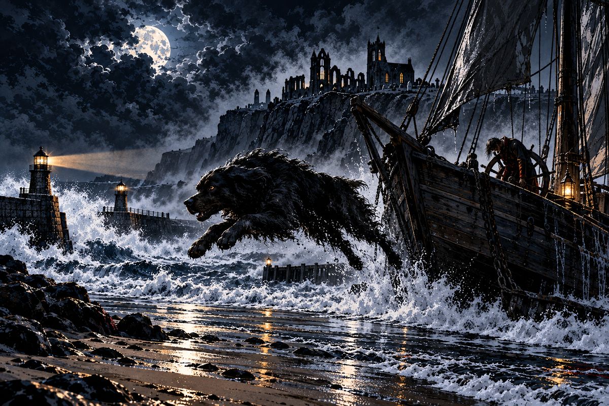 A dead captain was lashed to the wheel, his hands tied over a crucifix. The instant the ship ran aground by Tate Hill Pier, an immense dog sprang up from below, leapt ashore and raced up the cliff toward the churchyard.