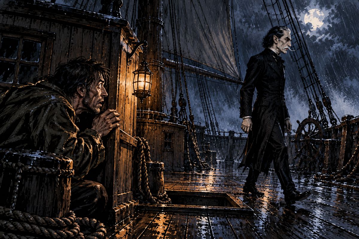 The ship was the Demeter, out of Varna, carrying sand and great boxes of earth. Her captain's log told of men vanishing one by one from their night watches, and of a tall, thin stranger seen walking the deck.