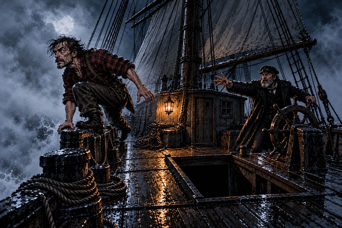 On 3 August the mate went down to open the boxes in the hold. He came up screaming, 'I know the secret now,' and threw himself into the sea. Alone, the captain tied his hands to the wheel to save his soul.
