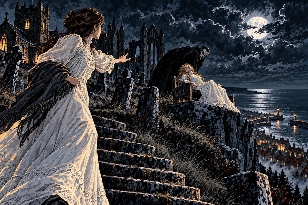 Mina ran through the silent town and up the abbey steps. On their seat something long and black bent over Lucy. 'Lucy! Lucy!' she cried. It raised a white face with red, gleaming eyes. When Mina arrived, Lucy was alone and asleep.