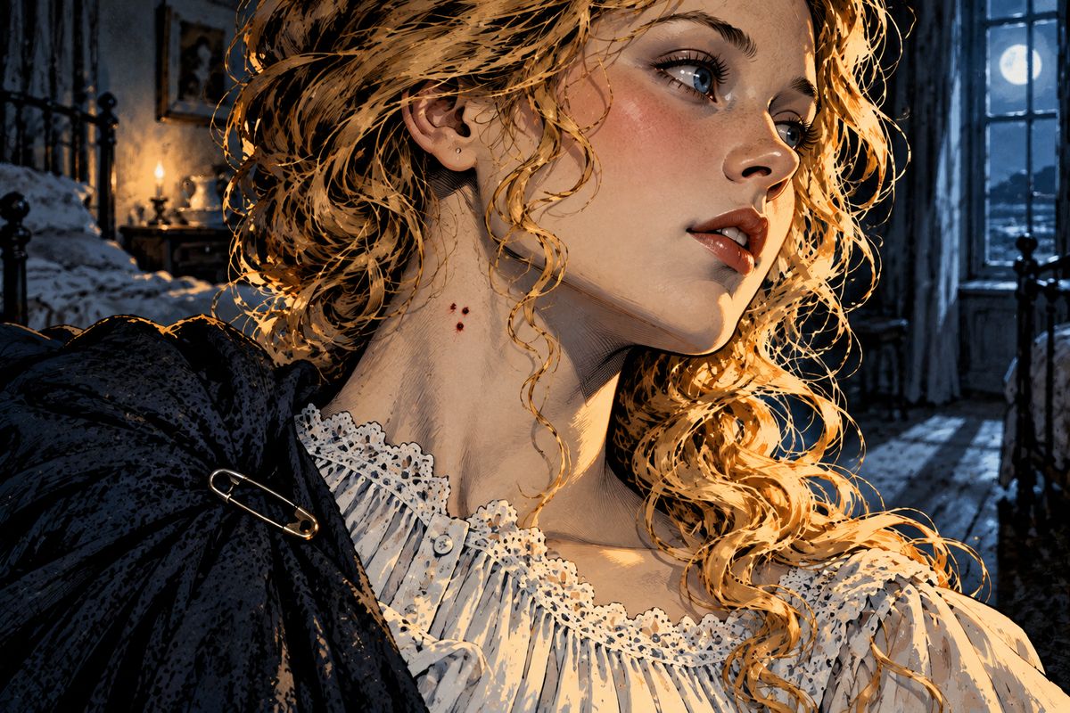 Mina led Lucy home in her shawl, fastened with a big safety-pin, and promised to tell no one. Next morning she found two little red points on Lucy's throat and blamed the pin. But the tiny wounds did not heal.