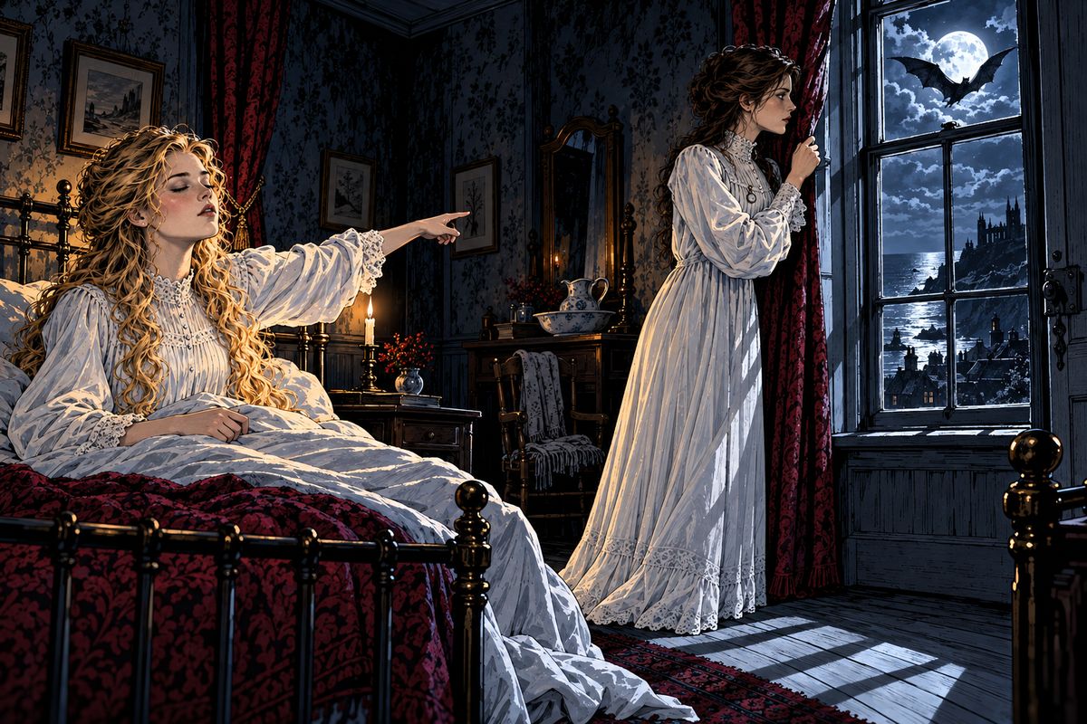 Lucy grew paler by the day. One moonlit night Mina found her sitting up asleep, pointing at the window, where a great bat wheeled in circles before flitting away across the harbour toward the abbey.