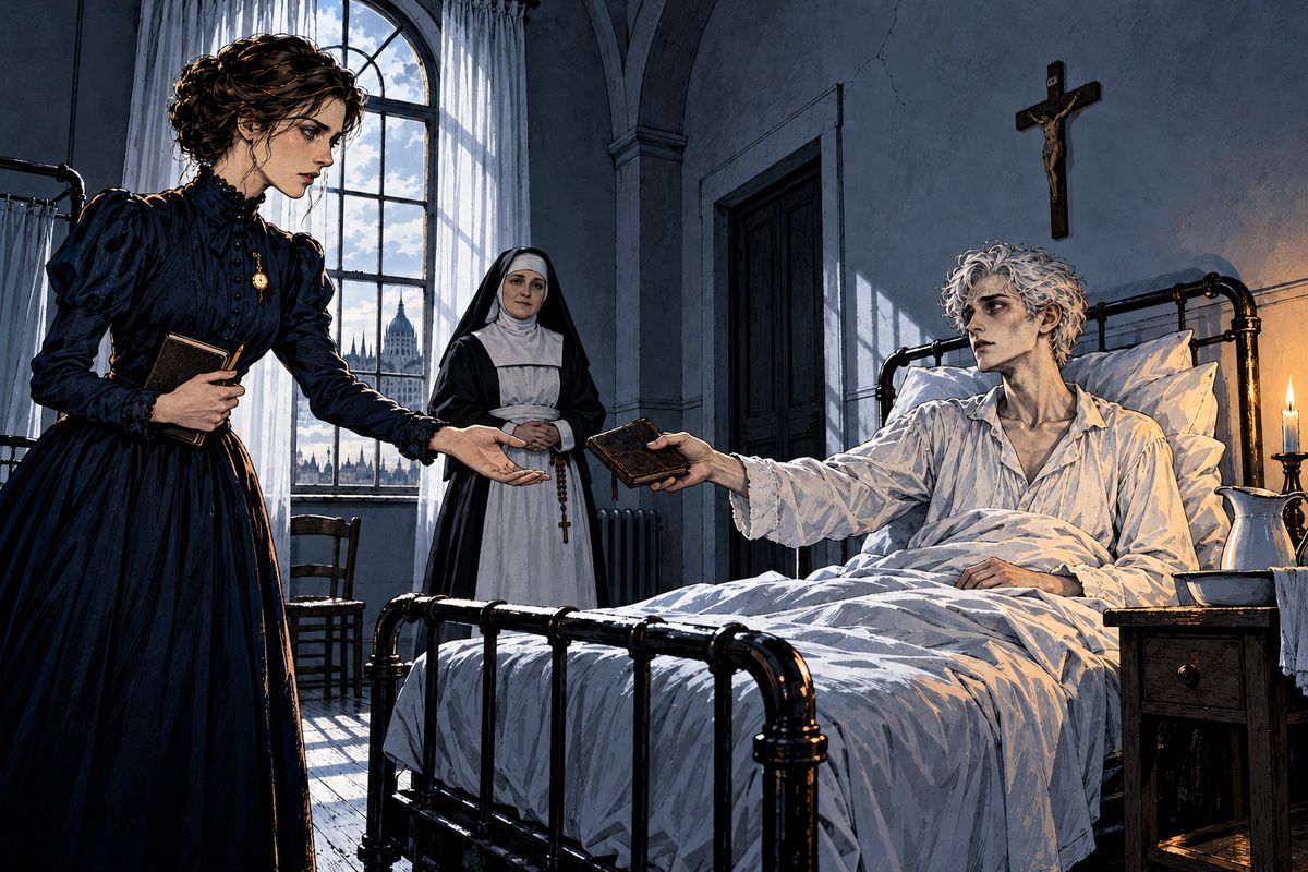 Mina hurried to a convent hospital in Buda-Pesth, where Sister Agatha had nursed Jonathan through brain fever. He was thin and broken, his hair white. He gave her his journal: 'Read it if you will, but never let me know.'
