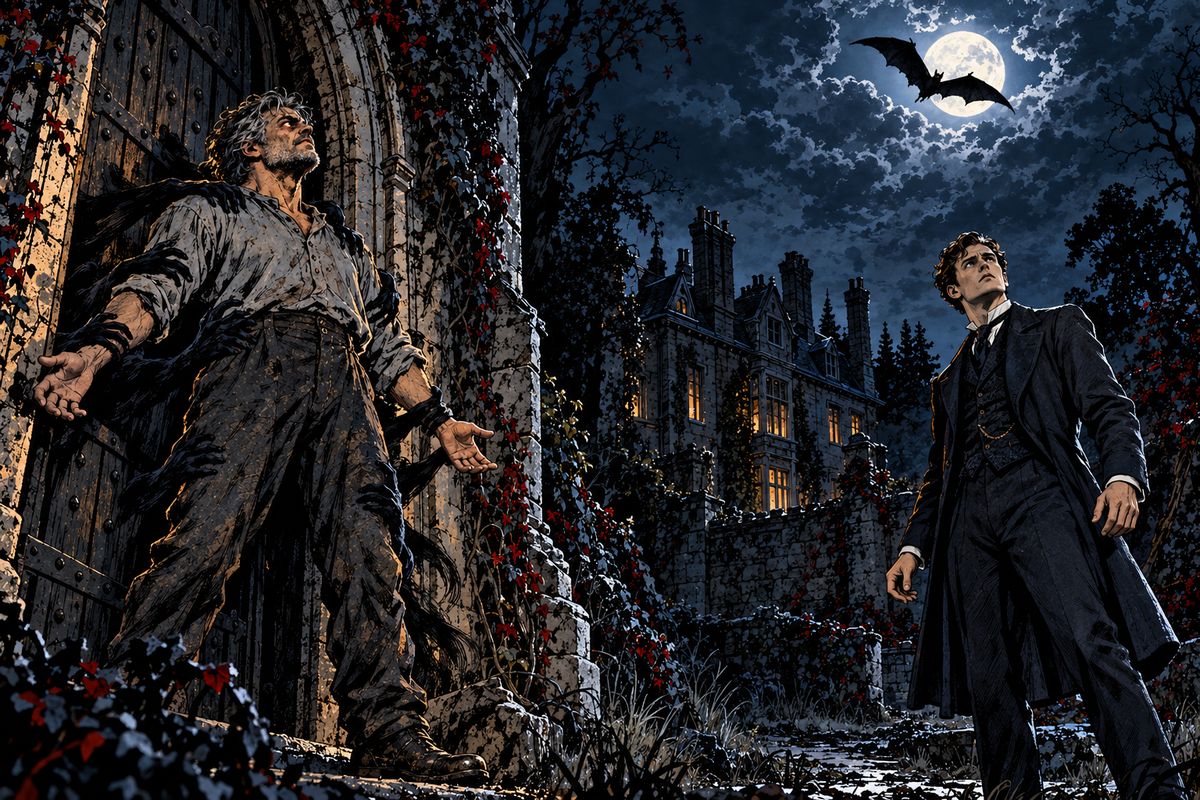 In London, Dr Seward's patient Renfield broke out one moonlit night to the old chapel door at Carfax and fought the attendants. Then he went suddenly still, watching a great bat fly silently west. 'You needn't tie me; I shall go quietly!'