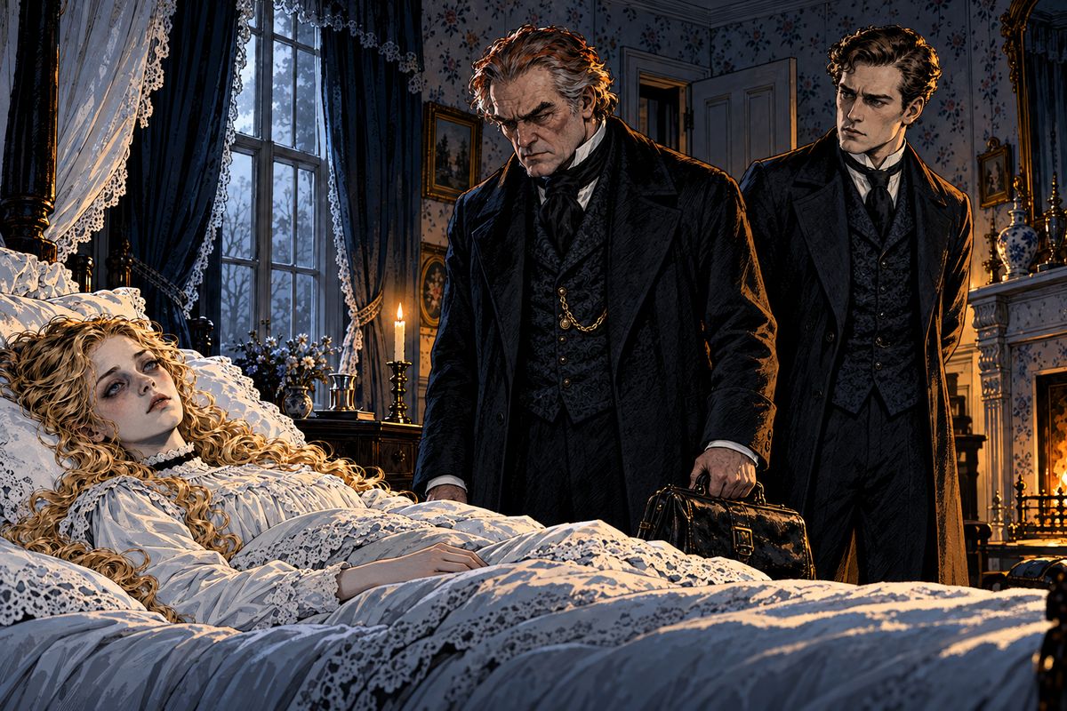 Van Helsing examined Lucy gravely. She rallied for a few days, then Seward wired: 'Terrible change for the worse. Come at once.' Looking on her chalk-white face, the Professor warned that she would die for sheer want of blood.