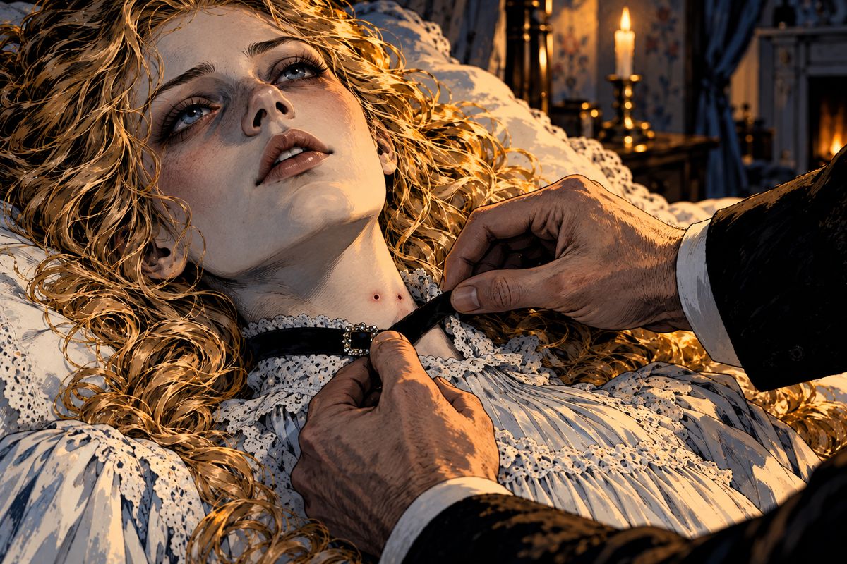 As Van Helsing settled her pillow, the black velvet band Lucy always wore slipped from her throat, and he drew a sharp, hissing breath. Later Seward loosened it and found two small punctures over the vein, their edges white and worn.