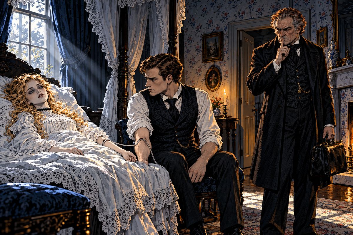 Three nights later Seward fell asleep on watch, and at dawn they found Lucy whiter than ever. 'All our work is undone,' said Van Helsing. This time Seward gave his own blood, sworn to secrecy: Arthur must never know.