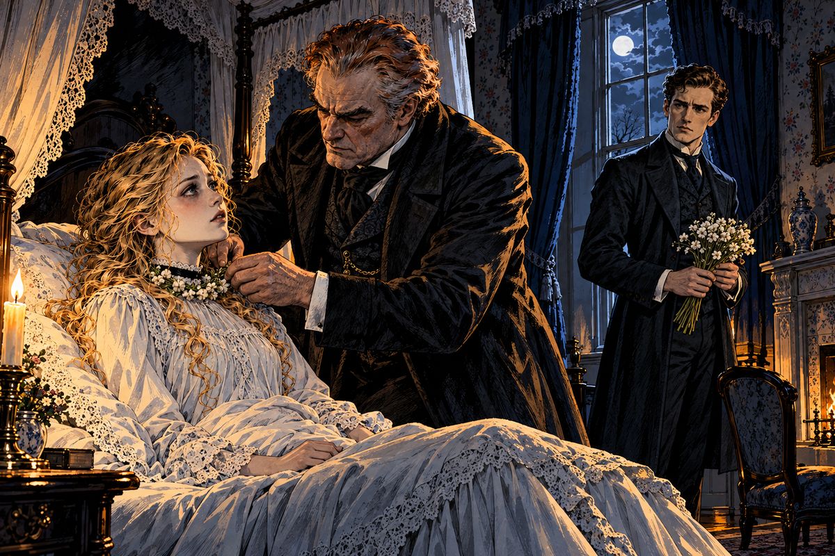 Next day a parcel of white flowers came from Haarlem. Lucy laughed that they were only common garlic, but Van Helsing replied sternly, 'I never jest!' He rubbed them over every window, door and fireplace, and hung a wreath round her neck.