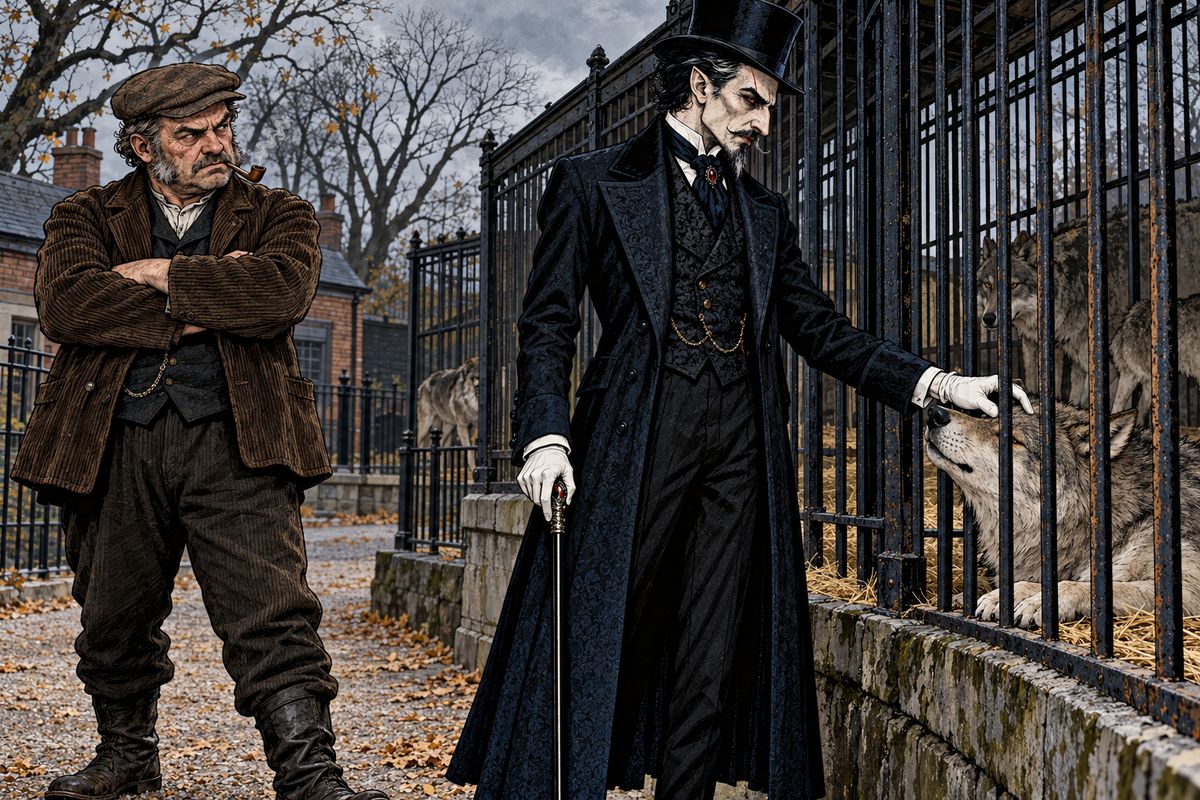 The Pall Mall Gazette reported that Bersicker, a grey wolf at the Zoo, had escaped. His keeper remembered a tall, hook-nosed stranger with red eyes who had calmly stroked the wolf's ears. Next day the wolf trotted home, its head full of broken glass.