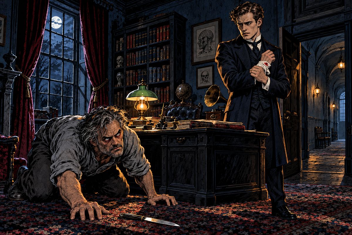 That evening Renfield attacked Seward with a dinner-knife and slashed his wrist, then crouched to lick the spilled blood, crying, 'The blood is the life!' Meanwhile Van Helsing's telegram ordering Seward to Hillingham went astray, arriving a day late.