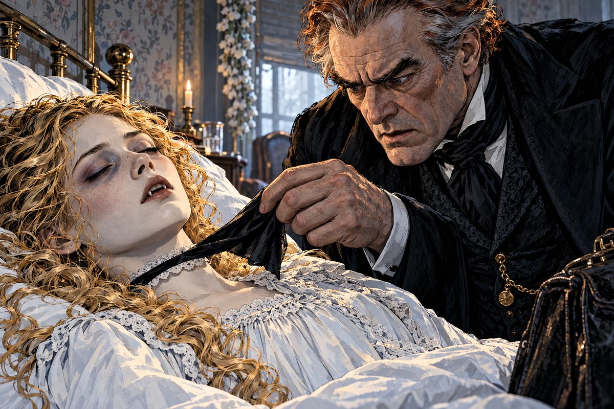 Mina's letter telling of Mr Hawkins's sudden death lay unopened, for Lucy was sinking. Asleep, she pushed the garlic away and her teeth looked longer and sharper. Awake, she clutched it close. At dawn Van Helsing lifted the silk handkerchief from her throat. 'Mein Gott!' The wounds had vanished.
