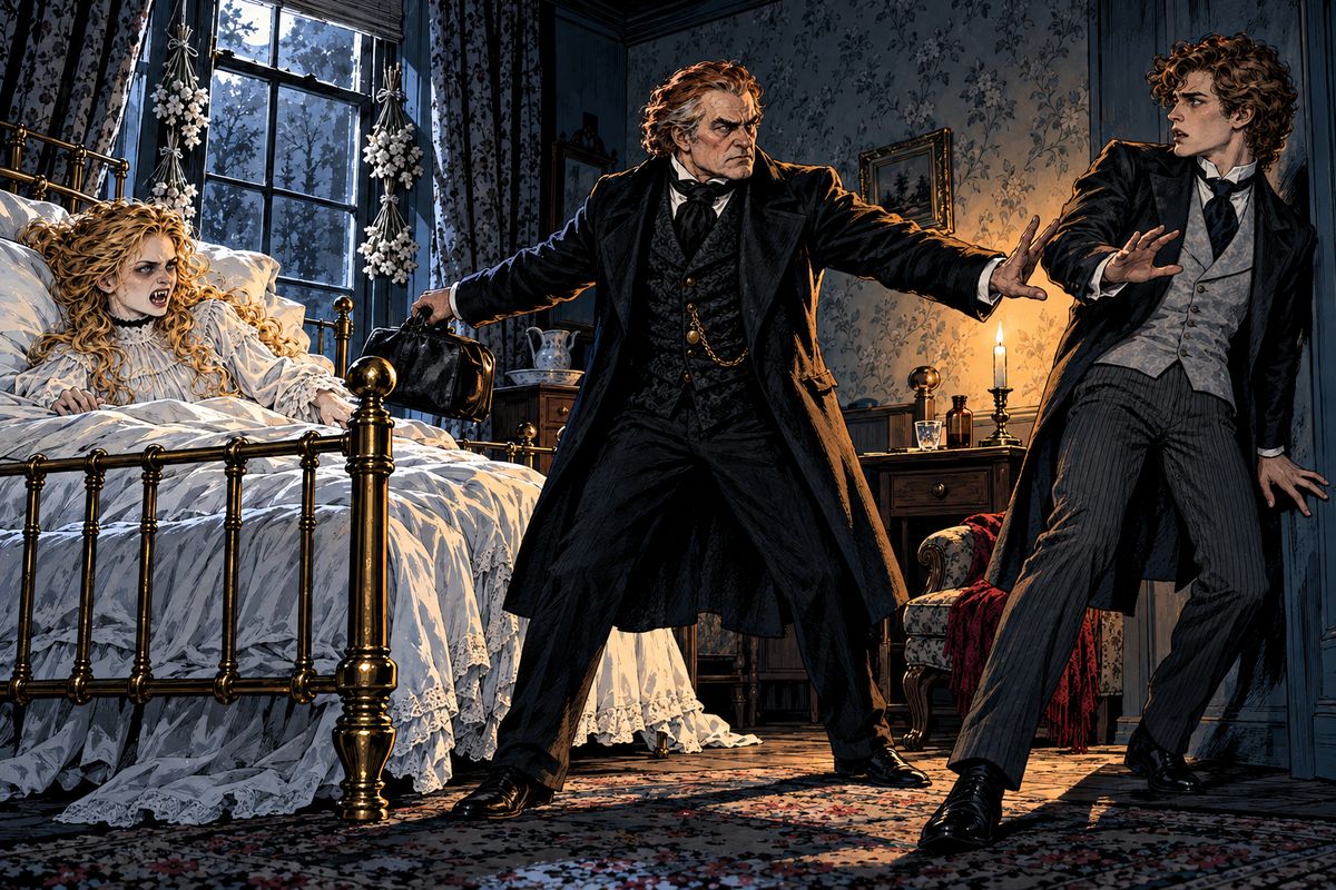 Arthur came to Lucy's side. Her eyes turned hard, and she spoke softly: 'Arthur! Oh, my love, I am so glad you have come! Kiss me!' As he bent, Van Helsing hurled him across the room and stood between them like a lion at bay.