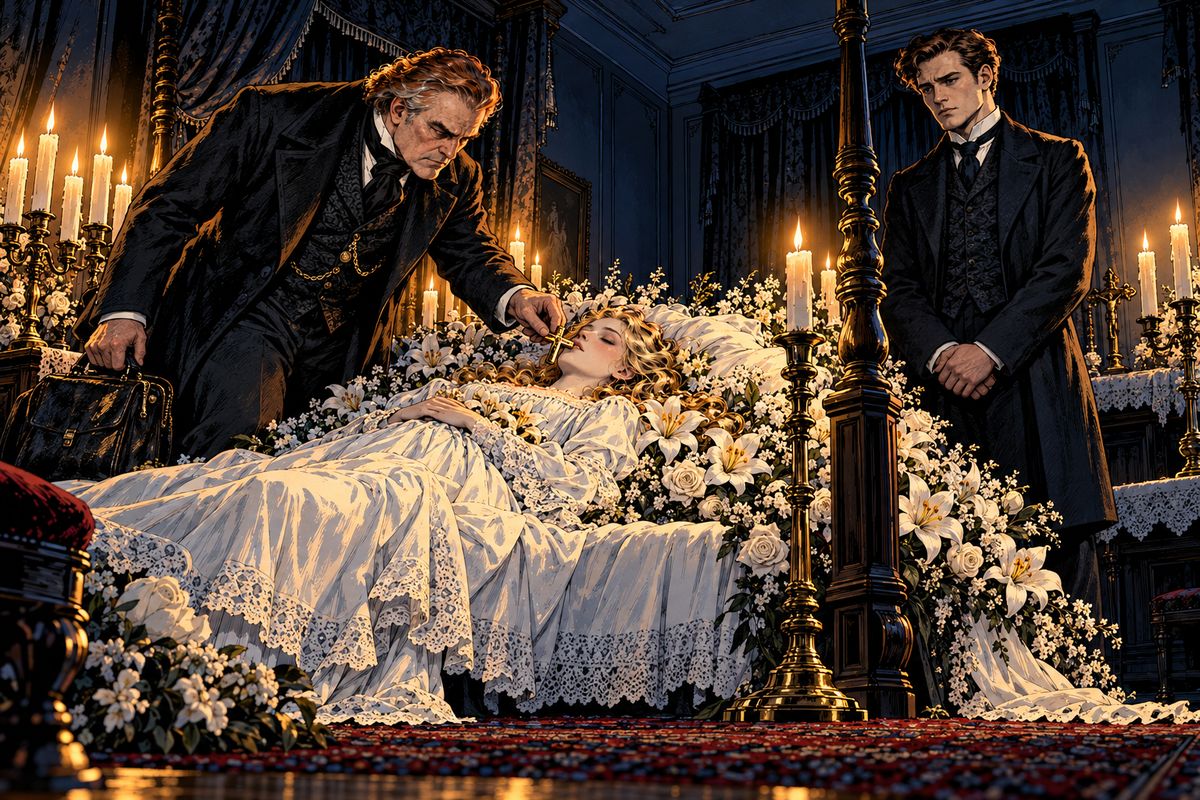Lucy and her mother died within days of each other. Death had given Lucy back all her loveliness. Grim and silent, Van Helsing strewed wild garlic around her and laid his little gold crucifix over her mouth before leaving her for the night.