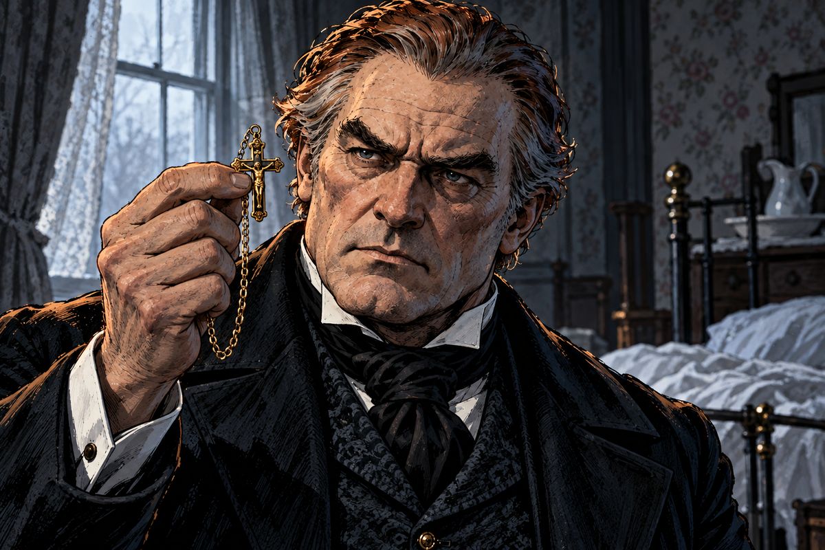 That night a maid crept in where Lucy lay and stole the crucifix. Van Helsing caught her and took it back. "It is too late, or too early," he told Seward sternly, and gave up his secret plan to operate on the body.