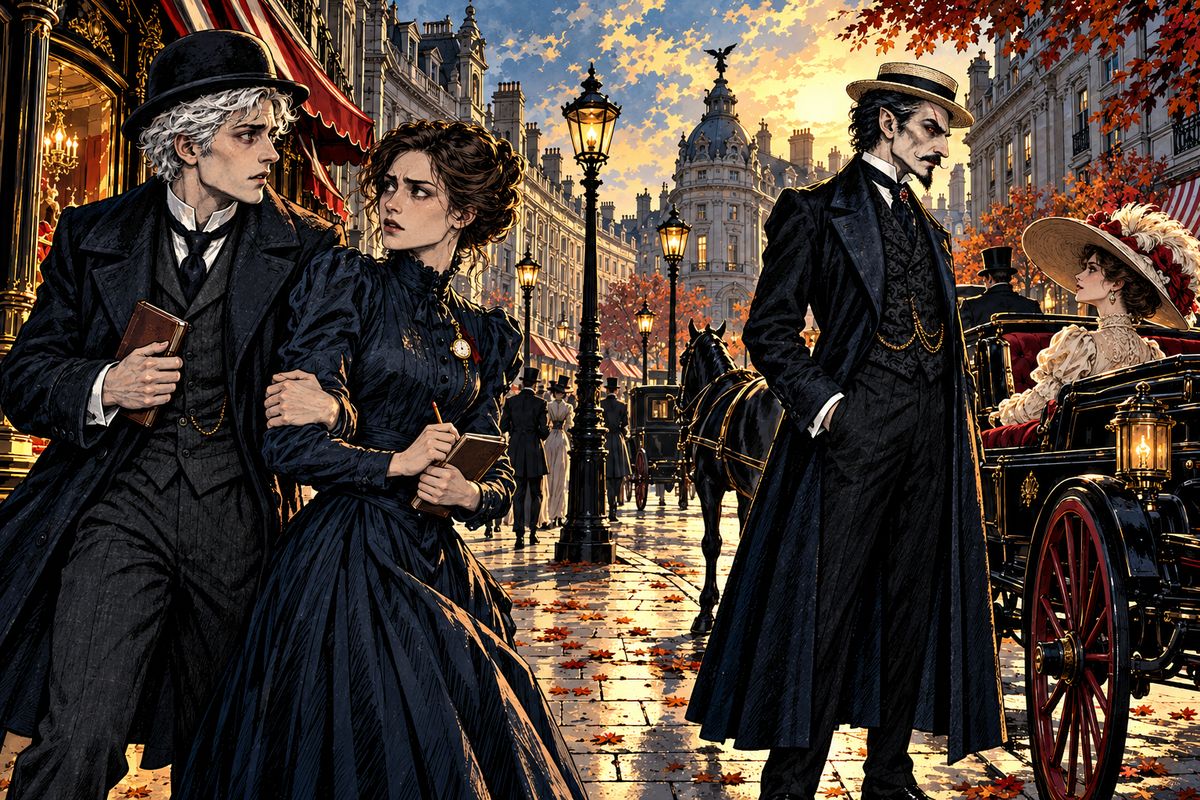 After Mr Hawkins's funeral, Jonathan and Mina were walking down Piccadilly when he gripped her arm hard. A tall man with a beaky nose stood staring at a pretty girl in a carriage. "It is the man himself!" The Count had grown young.