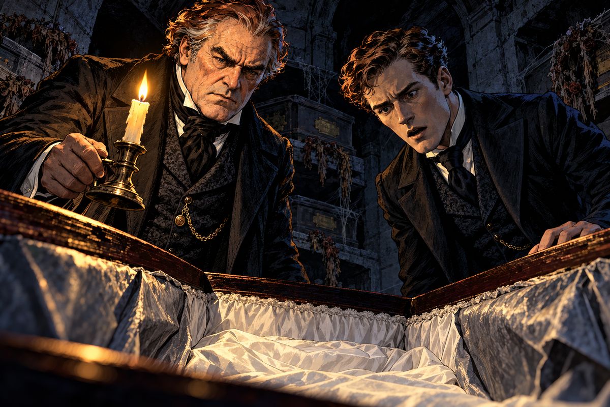 Near midnight the two doctors climbed the churchyard wall and entered the Westenra tomb. While Seward protested at the outrage, Van Helsing opened Lucy's coffin and sawed through the lead beneath. Then he held the candle to the opening. The coffin was empty.
