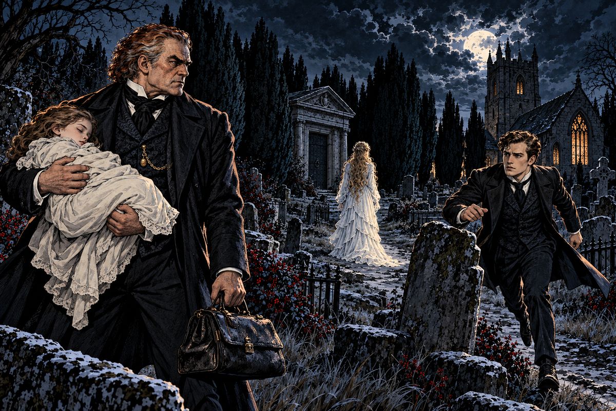 Seward suggested body-snatchers, so they kept watch among the graves. Long after two, a white figure drifted towards the tomb and vanished. Where it had passed lay a sleeping child, its throat unmarked. 'We were just in time.'