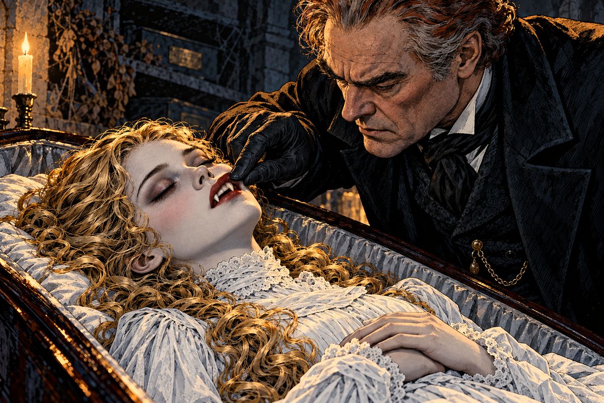 Next day they opened the coffin again. There lay Lucy, a week dead, more beautiful than ever, her lips redder than in life. Van Helsing drew back the lips. 'See, they are even sharper than before. With these the little children can be bitten.'
