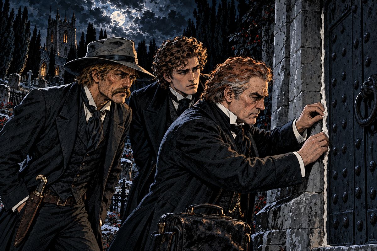 At midnight all four men stood in the vault, and Arthur saw the empty coffin for himself. Then Van Helsing sealed every crack of the tomb door with a putty of crumbled wafers. 'The Host. I brought it from Amsterdam.' They hid to watch.