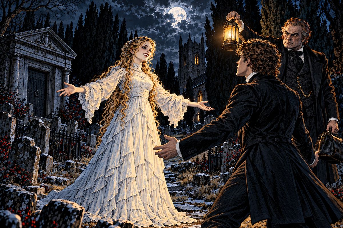 Down the yew avenue came Lucy in her grave clothes, her face cold and strange. A child she had carried ran crying toward the men. Lucy ignored him, smiled at Arthur and opened her arms. 'Come to me, Arthur. Come, my husband, come!'