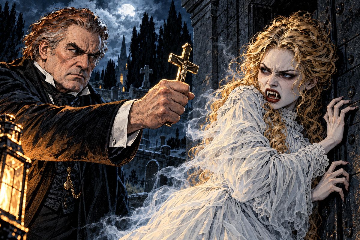 As she sprang, Van Helsing raised his golden crucifix. Lucy recoiled in rage and fled to the tomb, but the Host barred her way. Arthur knelt: 'Do as you will.' The Professor removed a little putty, and she slipped through a hairline crack.