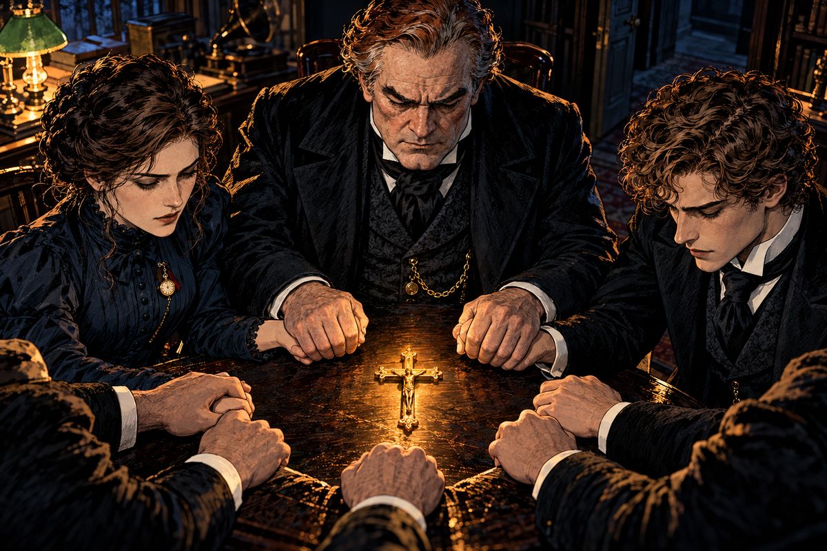 Van Helsing asked if they would face this horror with him. 'I answer for Mina and myself,' said Jonathan, and Quincey, Arthur and Seward agreed. The Professor laid his golden crucifix on the table, and joining hands around it, they swore their solemn oath.