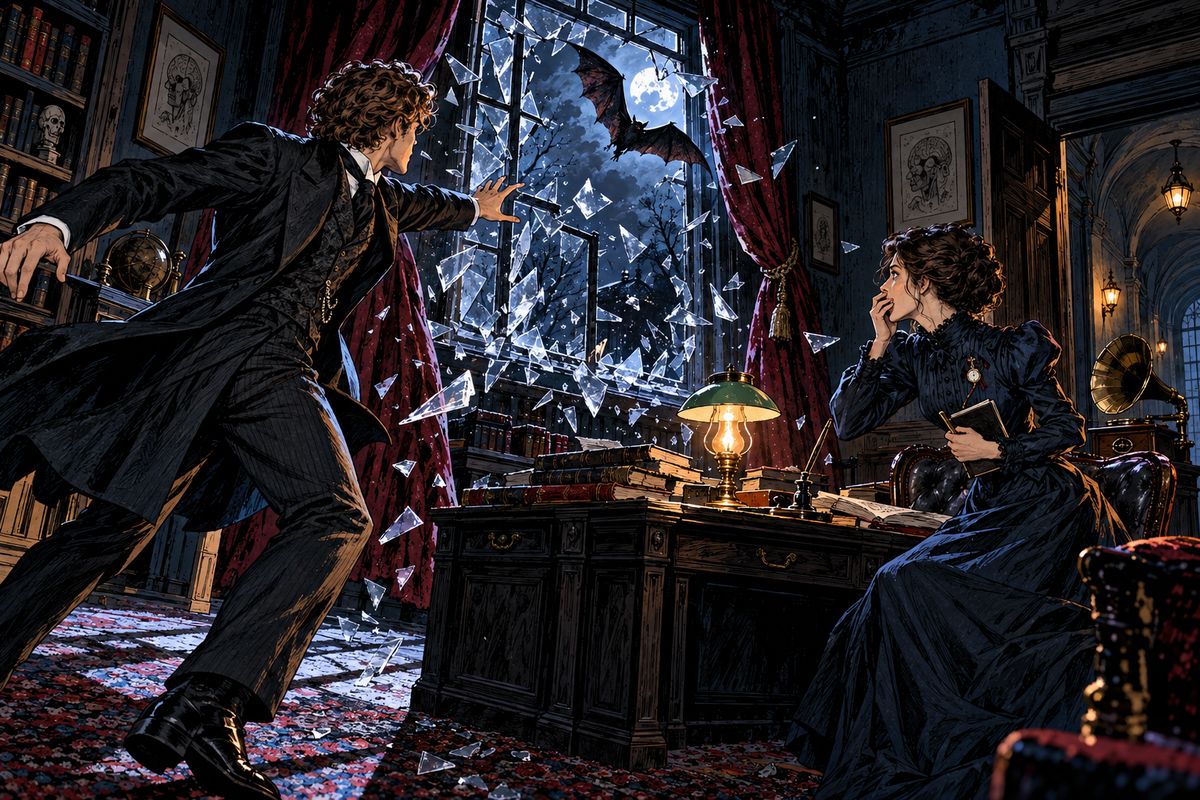 As they planned to hunt the boxes, a pistol shot shattered the window. Quincey had seen a great bat on the sill and fired from outside. Van Helsing then told Mina the men would go on alone; tonight was her last part in the work.