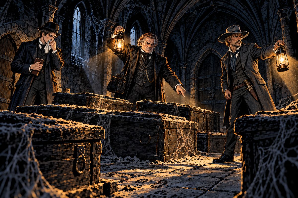 Seward's skeleton key opened the door, and Jonathan led them to the old chapel, where the Count's foul stench almost drove them back. By lamplight they counted the earth-chests: only twenty-nine of the fifty remained. The rest were somewhere in London.