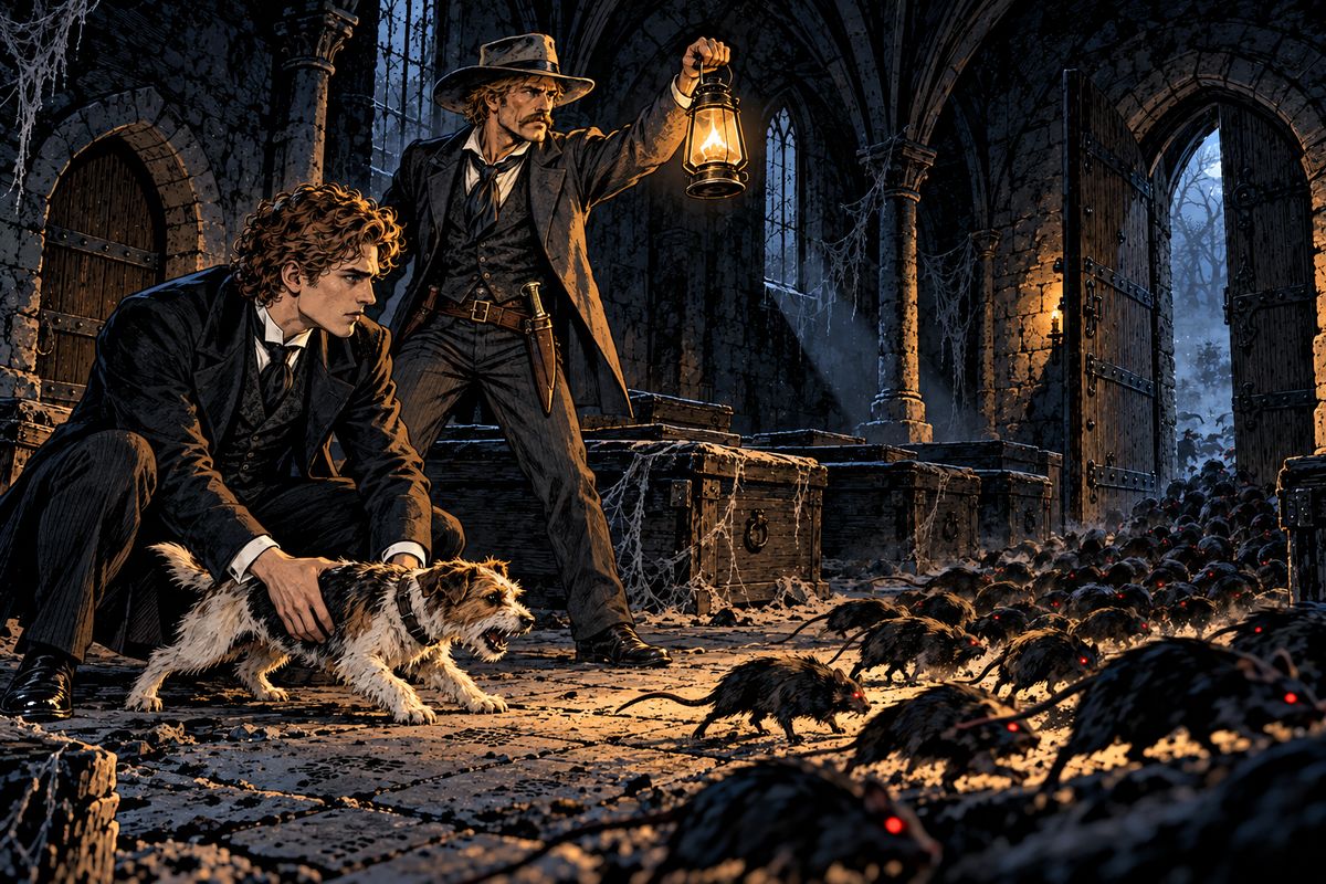 Suddenly the corners glittered with tiny eyes: the chapel was swarming with rats. Lord Godalming flung open the outer door and blew his silver whistle. Three terriers came racing, flew at the rats, and the whole mass scattered into the dark.