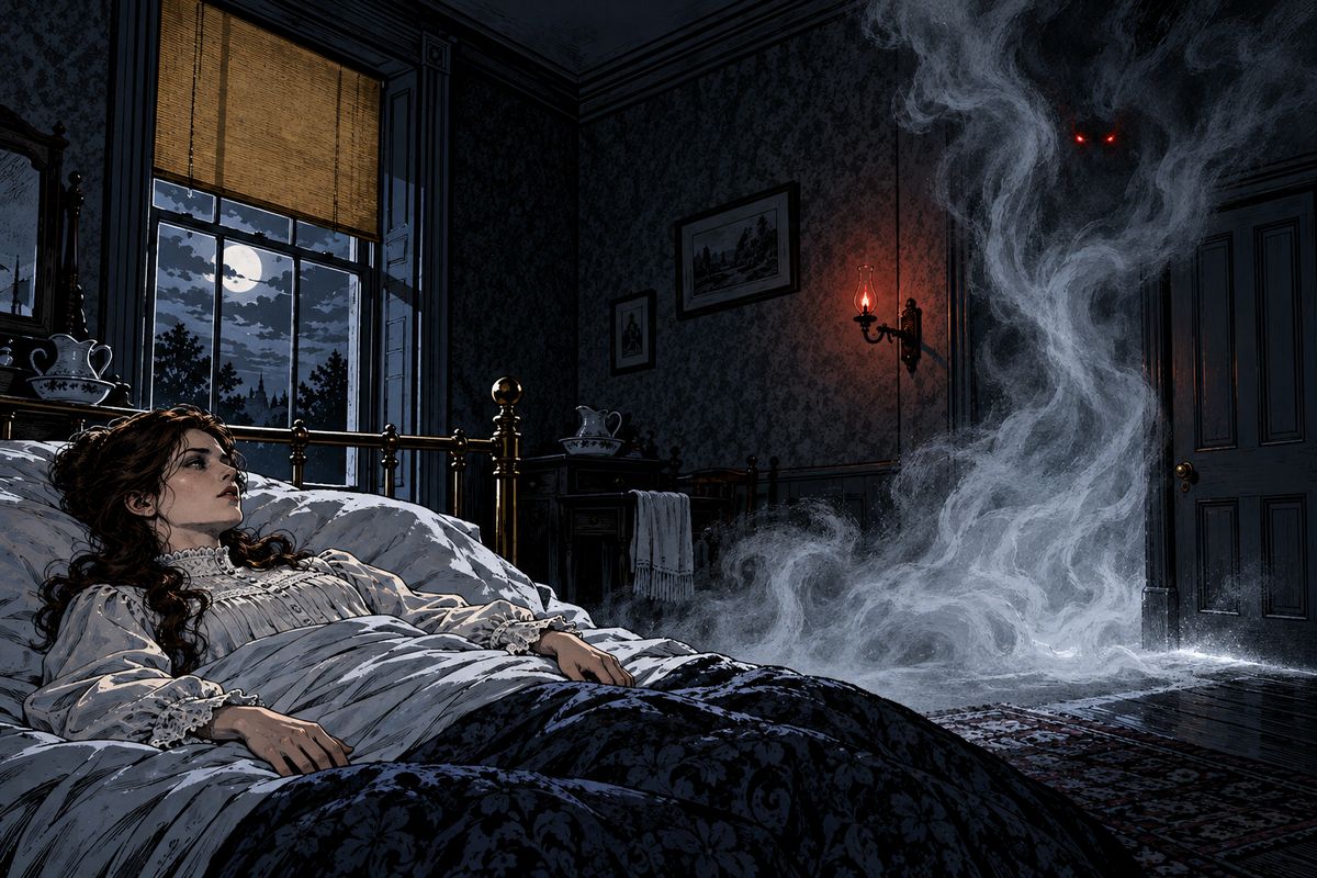 Mina, shut out of the men's work, lay awake and lonely. That night she dreamed of a white mist pouring under the door and thickening into a pillar with a red eye that split into two. Then a livid white face bent over her.