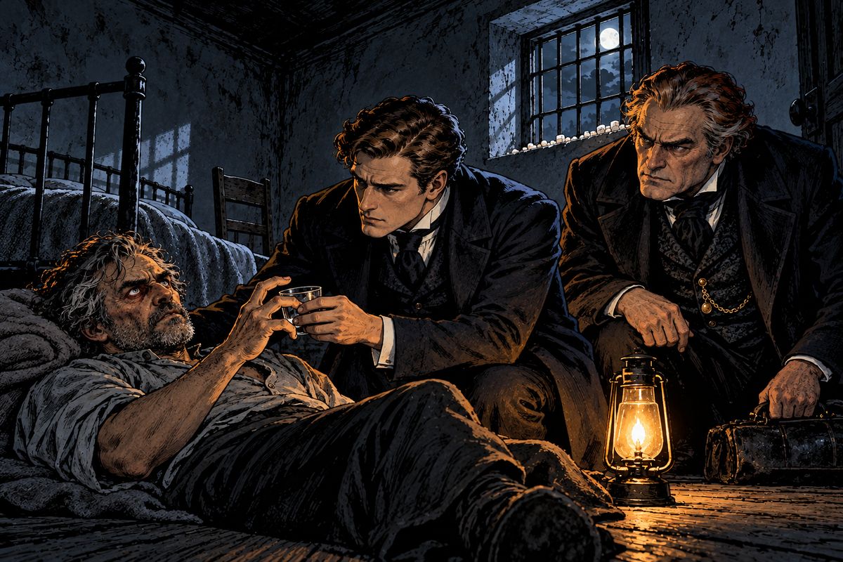 On 2 October a yell came from Renfield's room. They found him broken and dying. He whispered that the Master had won him with rats, but he had fought to save Mrs. Harker. 'I didn't mean Him to take any more of her life.'