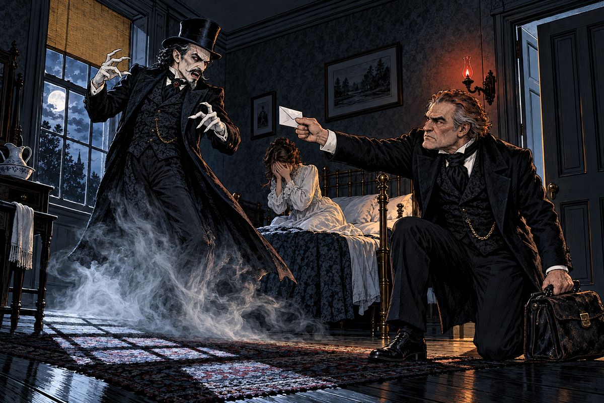 The men burst into the Harkers' room. Jonathan lay in a trance, and Mina was trapped in the Count's grasp. Dracula sprang at them, but Van Helsing raised the Sacred Wafer. The Count recoiled and slipped away as mist, leaving Mina shaken and ashamed.