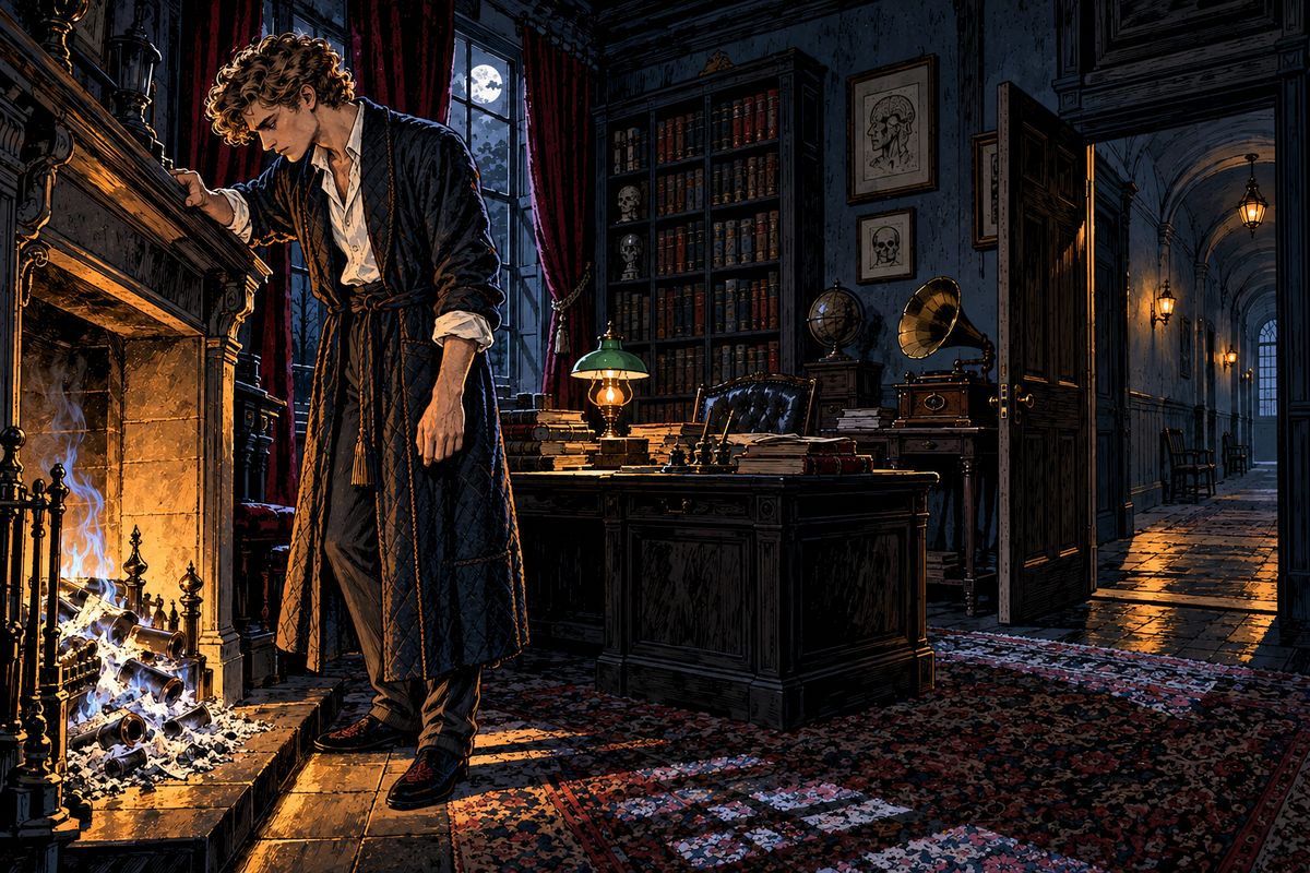 Lord Godalming brought more bad news. The Count had burned their manuscripts and Seward's phonograph cylinders in the study, though a copy lay safe in the strongbox. Renfield was dead, and Quincey had seen a bat fly from his window towards the west.