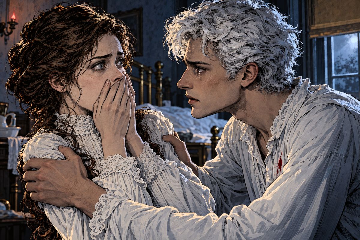 Mina recoiled from Jonathan, crying, 'Unclean, unclean! I must touch him or kiss him no more.' He held her close while she told him what the Count had done. As dawn rose, Jonathan's hair turned white with grief and fury.