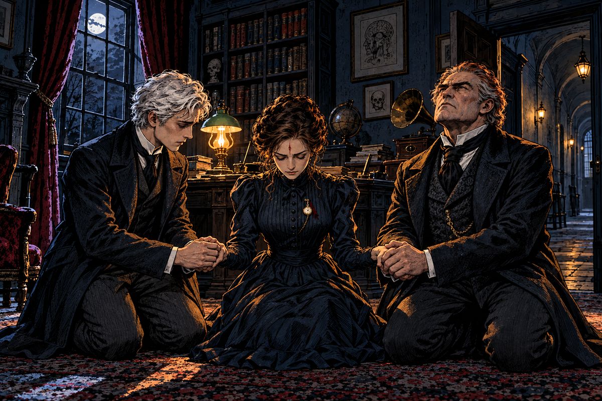 Van Helsing told her the scar would pass away when God saw fit to lift their burden. Then, without a word, they all knelt together and, holding hands, swore to be true to one another and to raise the veil of sorrow from her head.
