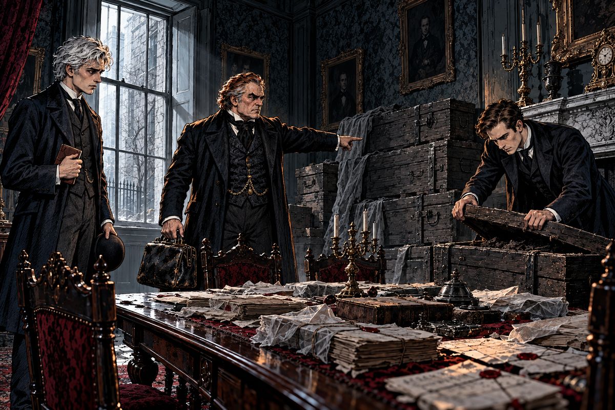 In Piccadilly a locksmith opened the Count's door while a policeman looked on. Inside were eight of the nine boxes, title deeds, and a basin of reddened water. They sealed the eight, and Godalming and Quincey destroyed the twelve at Bermondsey and Mile End.