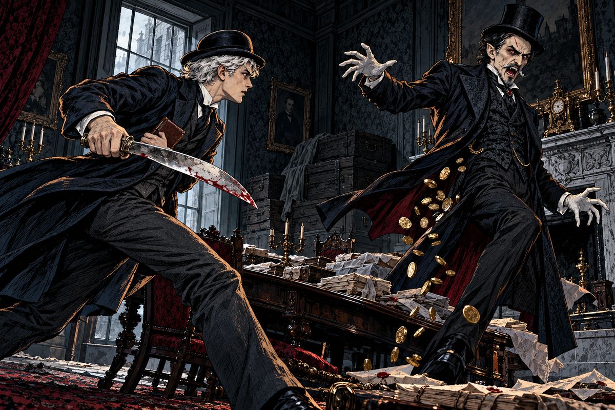 Then a telegram came from Mina: 'Look out for D. He has just now come from Carfax hurriedly.' At last a key turned softly in the lock. The Count bounded in like a panther, and Jonathan's kukri slashed his coat, spilling bank-notes and gold.