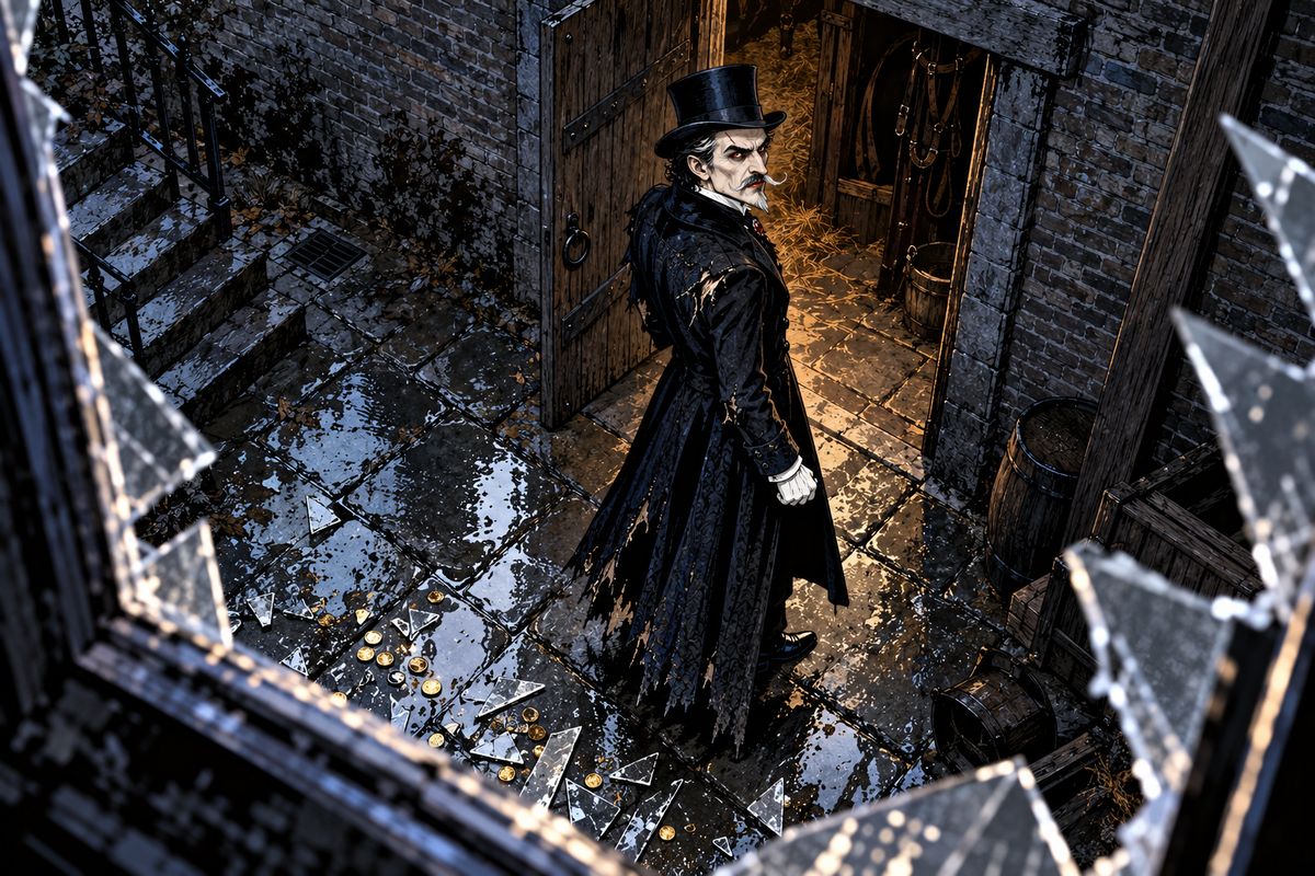 Before their crucifixes the Count cowered, then dived under Jonathan's arm, snatched some gold and crashed through the window. In the yard he turned on them: 'You think to baffle me, with your pale faces all in a row! My revenge is just begun!'
