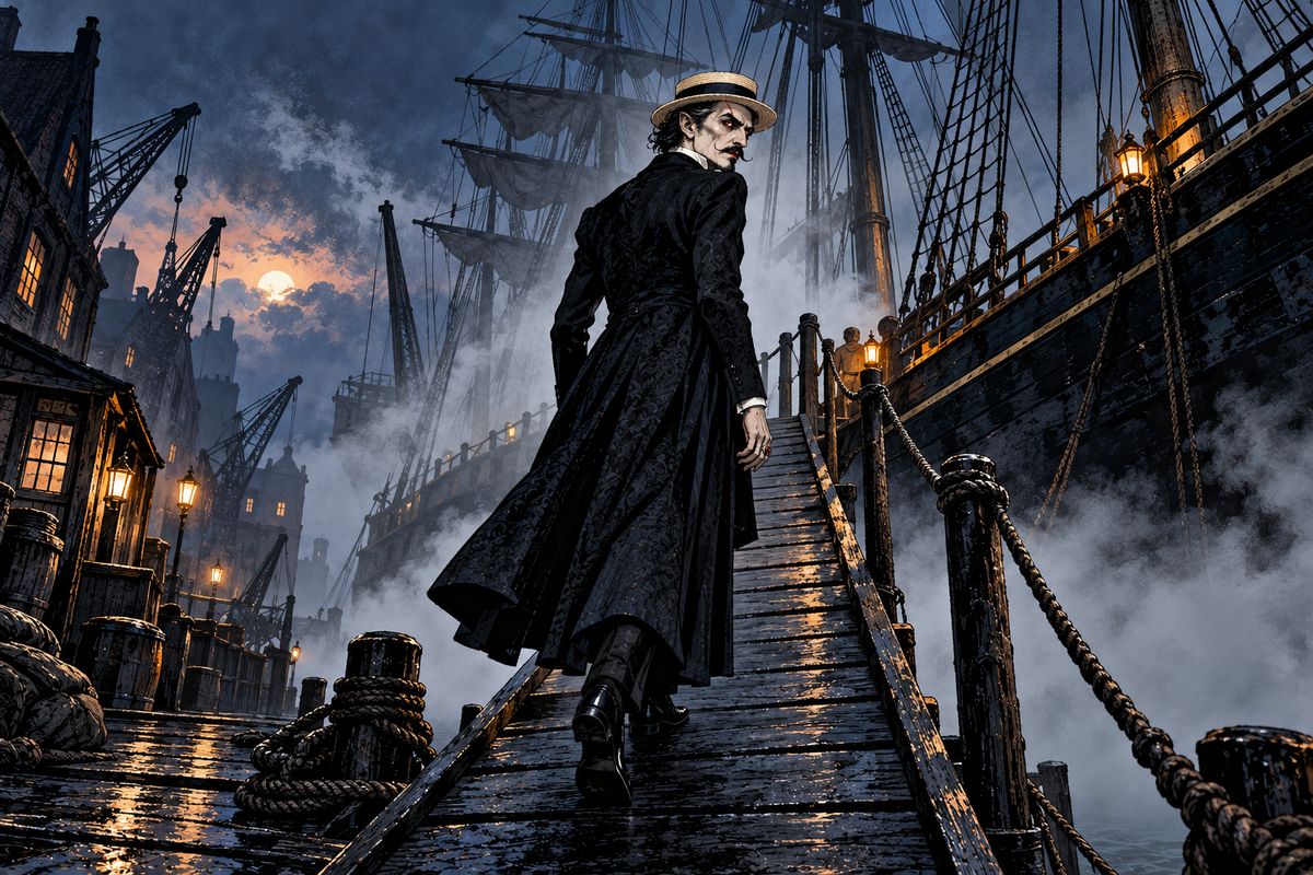 Van Helsing traced the Count's ship, the Czarina Catherine, bound for Varna. Dockers remembered a thin, pale man in black, oddly wearing a straw hat, and a strange fog that held the ship fast until he came aboard with his great box.