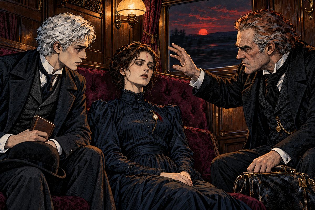 Mina would join the hunt but must not hear their plans, lest the Count read them through her. On the Orient Express, at every sunrise and sunset, Van Helsing put her into a trance. Always she heard waves lapping and creaking masts.