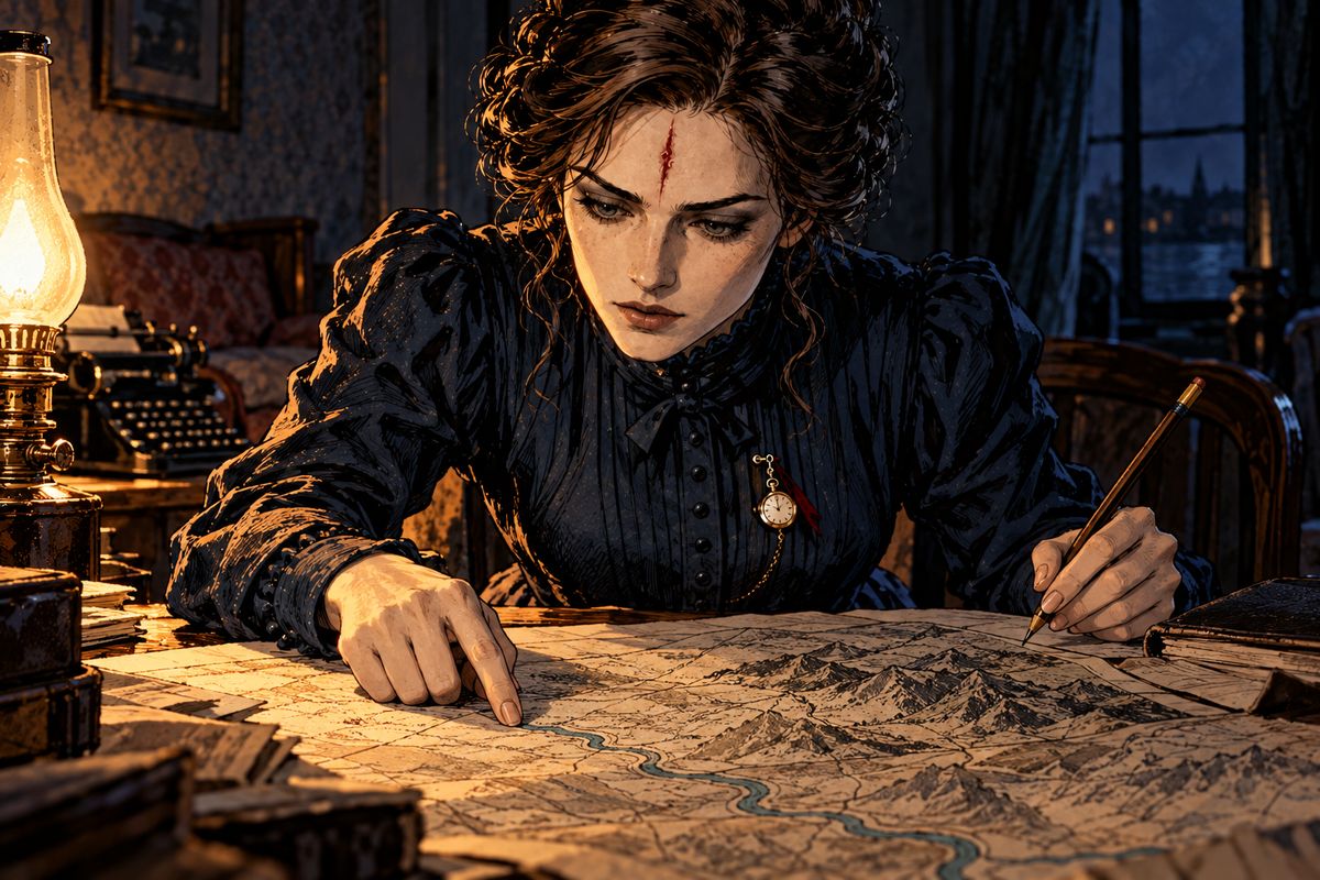 Freed from his promise, Jonathan let Mina into their council. While the exhausted men rested, she studied the maps and her trance words. The box, she concluded, was going upriver in an open boat, up the Sereth and the Bistritza towards the Castle.