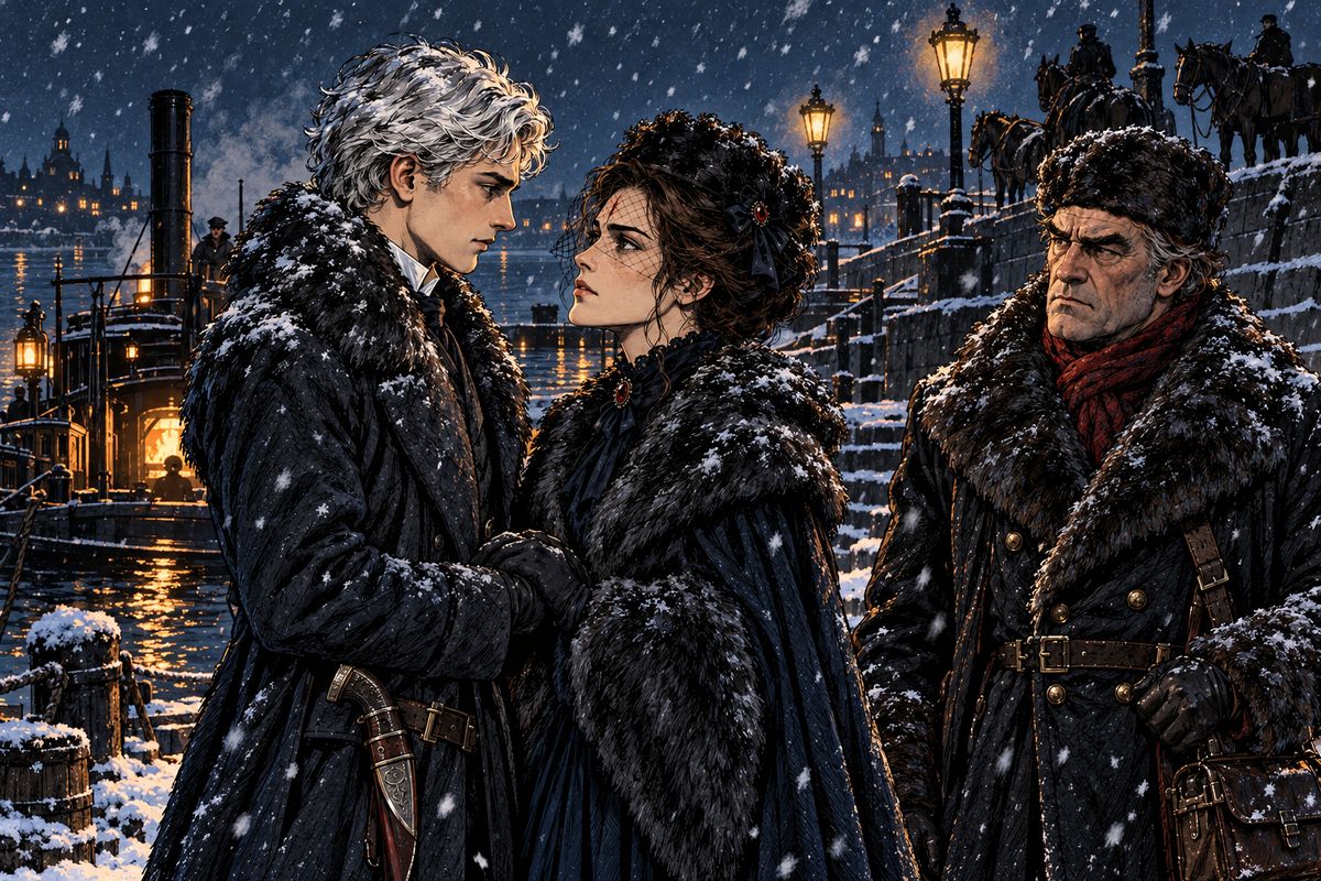 That night they split up: Godalming and Jonathan by steam launch up the river, Seward and Quincey on horseback along the banks, and Van Helsing with Mina to the Borgo Pass. As the first snow fell, Jonathan and Mina said goodbye.