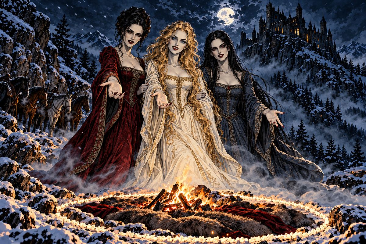 Near the castle at nightfall, Van Helsing drew a ring of crumbled Host round Mina. She could not step out of it, nor could the vampires step in. In the small hours the mist formed into three women: 'Come, sister. Come to us!'