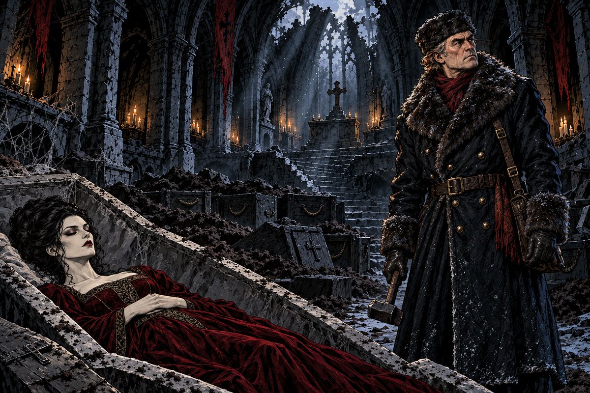 By day Van Helsing broke into the castle chapel. In one tomb lay a woman so full of life and beauty that a sweet, dreadful drowsiness crept over him. Then Mina's long, low wail drifted through the air and woke him like a trumpet.