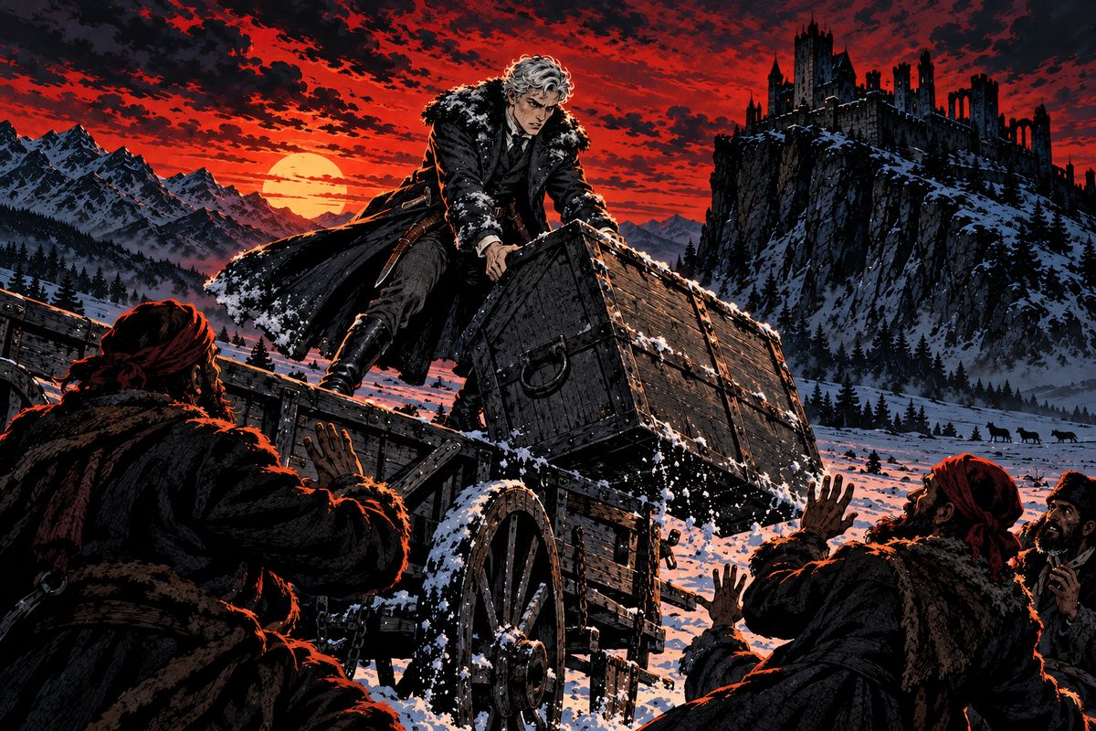 'Halt!' shouted Jonathan and Quincey, and rifles came up on every side. The gypsies drew knives and closed round the cart, but Jonathan forced his way through, leapt onto the wagon, and with incredible strength flung the great box to the ground.