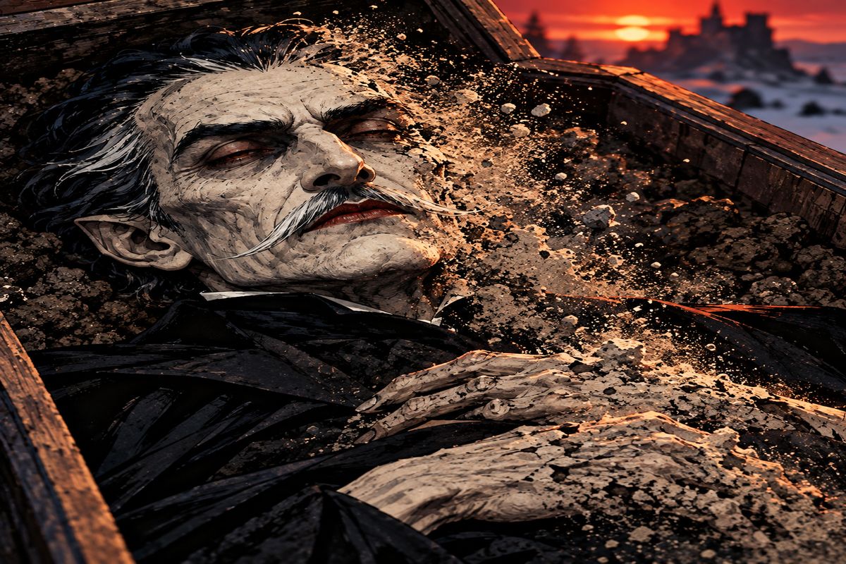 Quincey cut his way through, clutching his side, and together they prised off the lid. The Count lay waxen pale, red eyes turning in triumph to the sunset. Then Jonathan's kukri and Quincey's knife flashed, and he crumbled to dust, his face at peace.