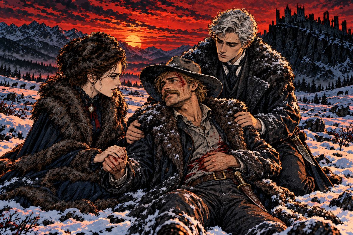 The gypsies fled and the wolves slunk after them. Quincey lay mortally wounded in the snow, but raised himself and pointed at Mina's forehead, now stainless in the red sunset. 'The curse has passed away!' Smiling, the gallant gentleman died.